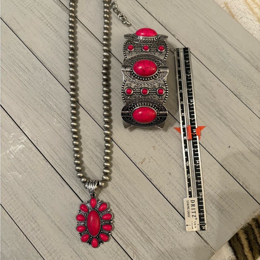 Necklace, Silver and Red  and Bracelet Set